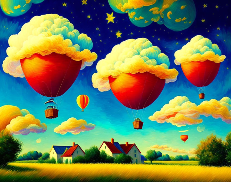 Colorful hot air balloon art over twilight houses