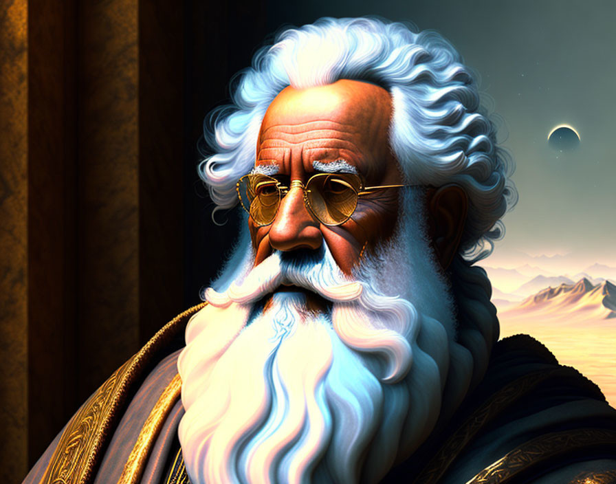 Elderly man with white beard and round glasses in mountain landscape