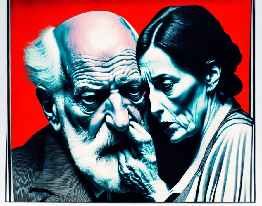 Illustration of elderly man and woman with thoughtful expressions on red background