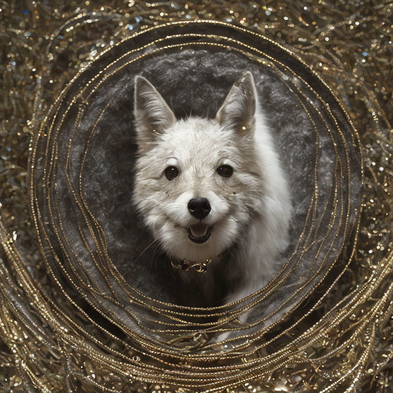 Grey Fox Face in Glittery Golden Circles Portrait