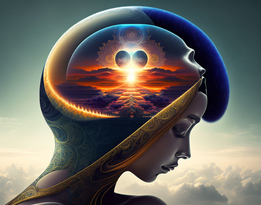 Surreal woman's profile with cosmic landscape and radiant sunset