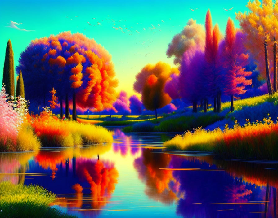 Colorful Trees Reflecting in River Under Blue Sky with Flying Birds