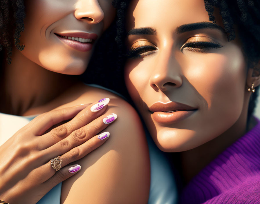 Two curly-haired women smiling and embracing, showcasing a close bond and purple nail polish hand.