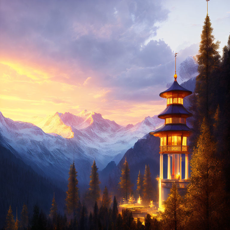 Illuminated multi-tiered pagoda in forest with snow-capped mountains at sunset