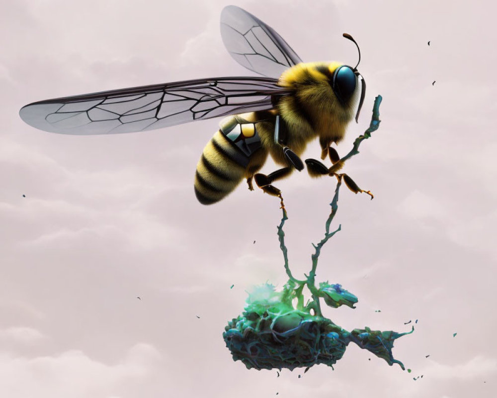 Digitally created giant bee over vibrant island with turquoise liquid