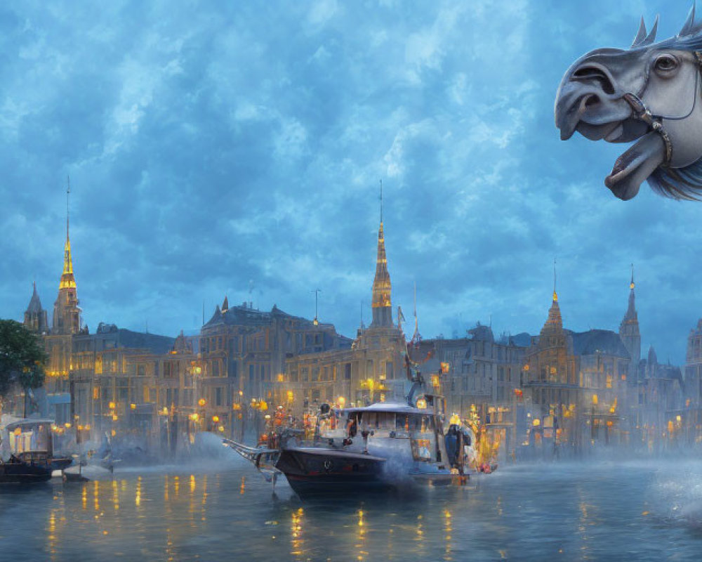Large Horse Statue by Misty Blue River with European-Style Buildings and Boats at Twilight