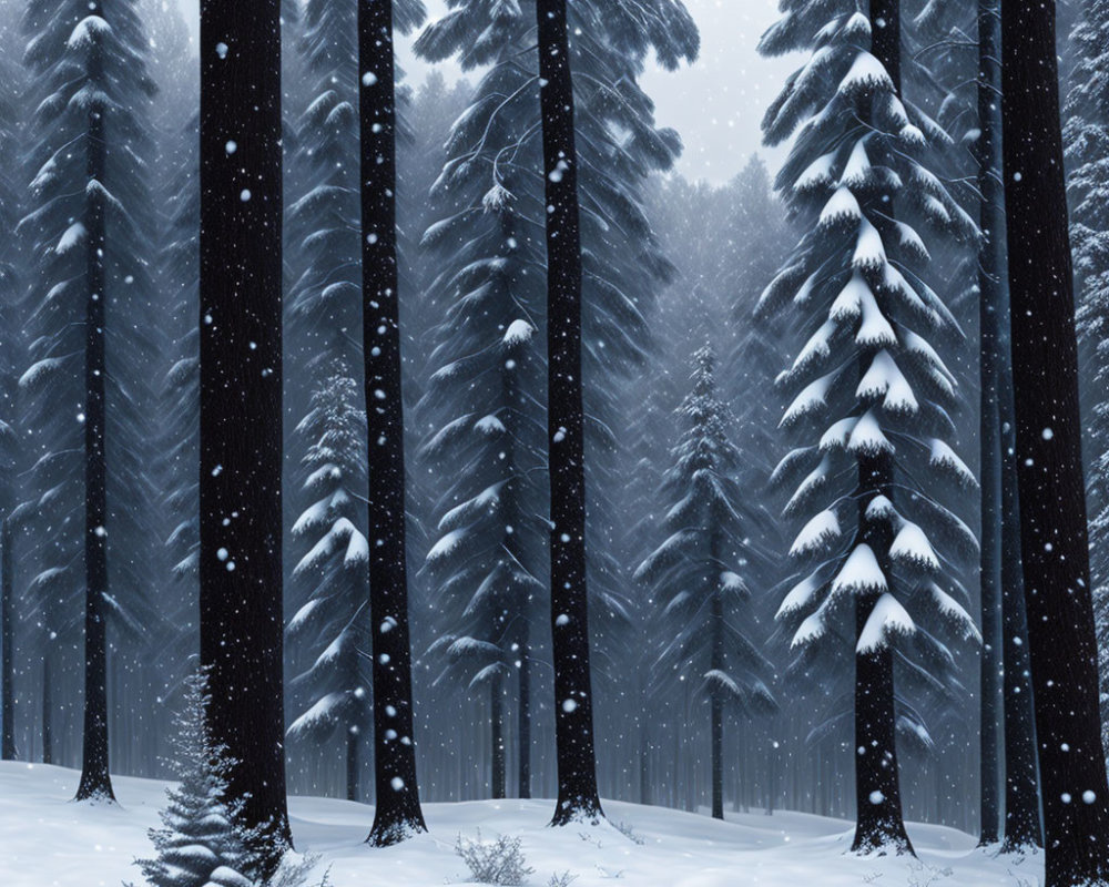 Snow-covered Winter Forest Scene with Fir Trees and Falling Snowflakes