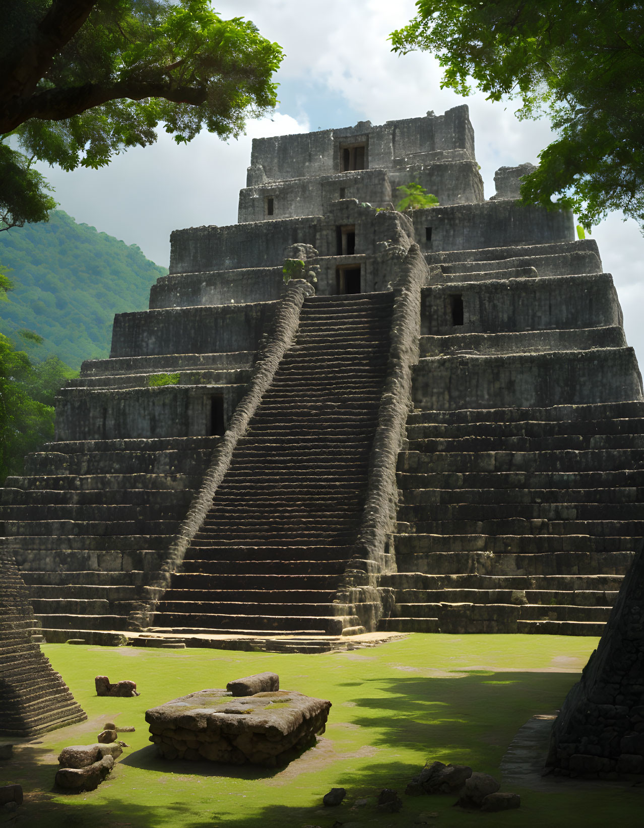Ancient Mesoamerican Pyramid with Grand Staircase and Tree in Lush Greenery