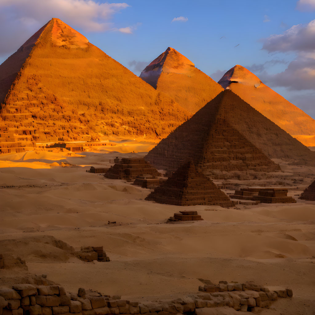 Sunset illuminating Pyramids of Giza with scattered clouds and shadows.