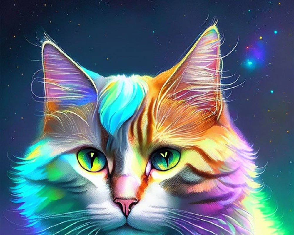 Colorful Cat Illustration with Green Eyes on Starry Night Sky Background
