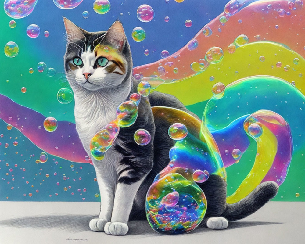 Colorful Cat Illustration with Soap Bubbles on Whimsical Background