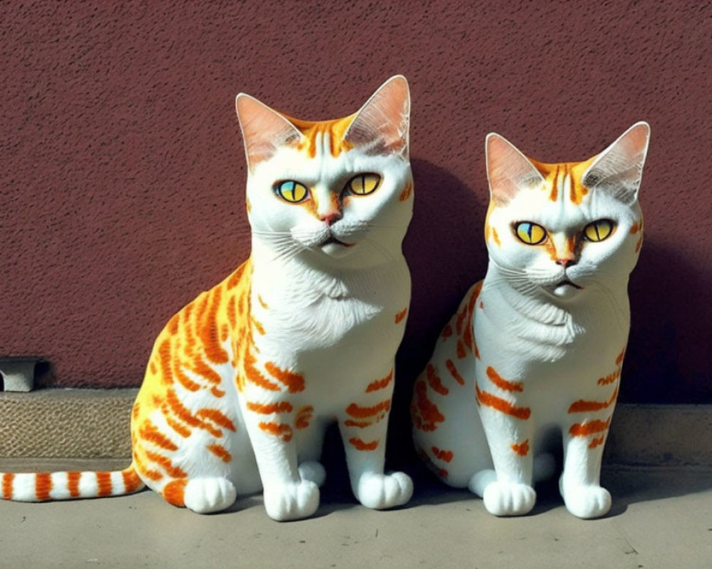 Realistic Orange and White Striped Cat Figurines on Purple Wall