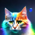 Colorful Cat Illustration with Green Eyes on Starry Night Sky Background