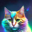 Colorful Cat with Green Eyes on Rainbow Fur Against Starry Night Sky