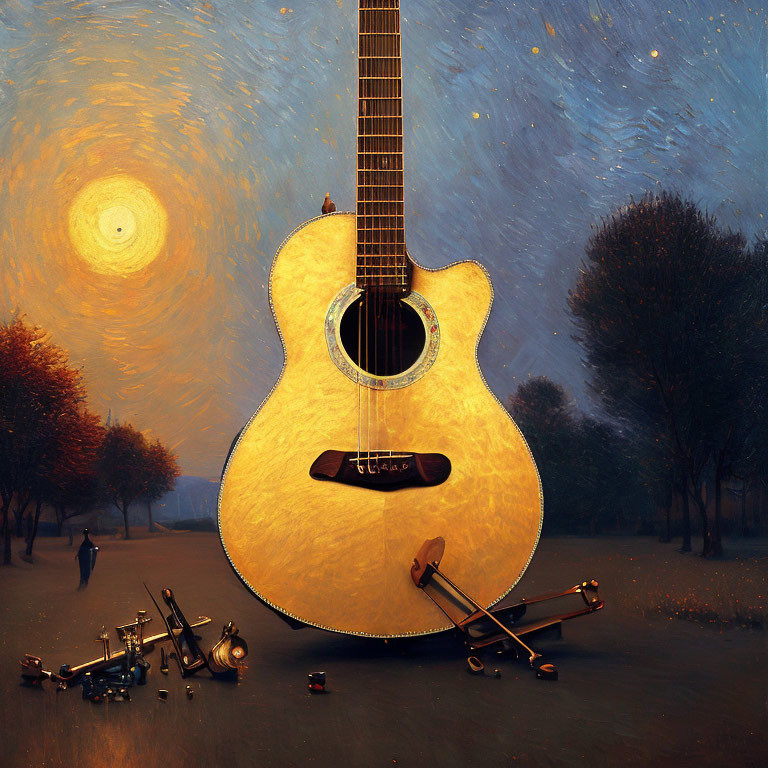 Oversized acoustic guitar in park at dusk with starry sky and pedestrians