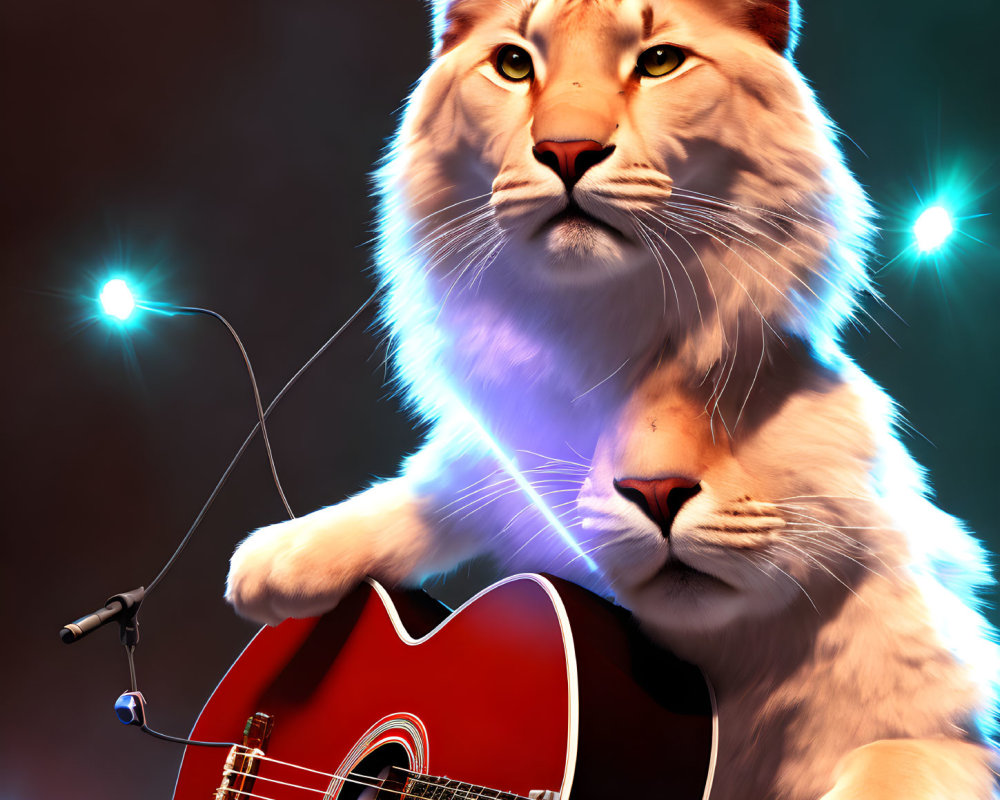 Anthropomorphic lion playing red acoustic guitar on stage with spotlights.