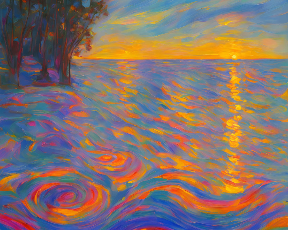 Impressionist-style sunset painting over ocean with swirling waves.