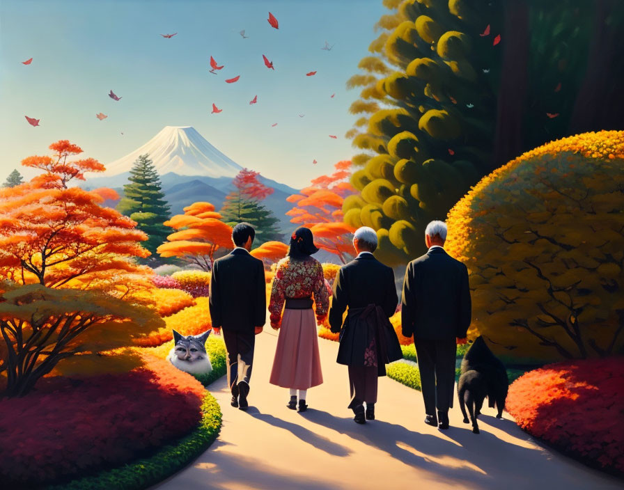 Four People Walking Among Autumn Trees with Cat and Dog, Mount Fuji View