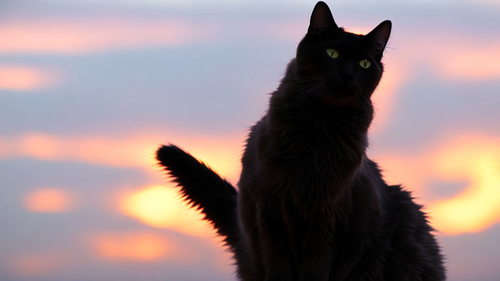 Silhouetted black cat against pink twilight sky with glowing yellow eyes