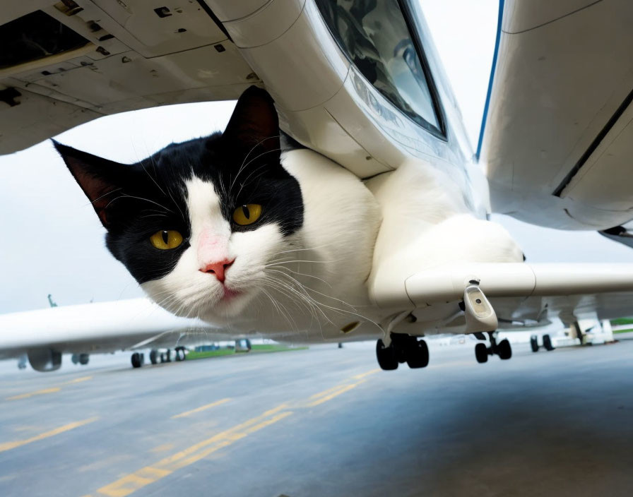 Black and white cat under airplane wing on tarmac