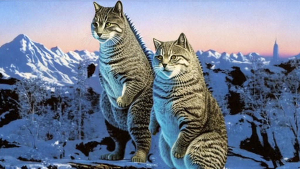 Anthropomorphic Cats in Snowy Mountain Landscape