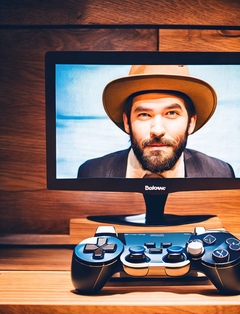 Portrait of smiling person with beard and hat on computer monitor with video game controller.