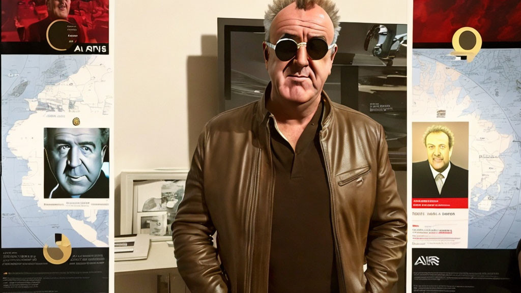 Man in Leather Jacket and Sunglasses with Exhibition Panels and Portraits.