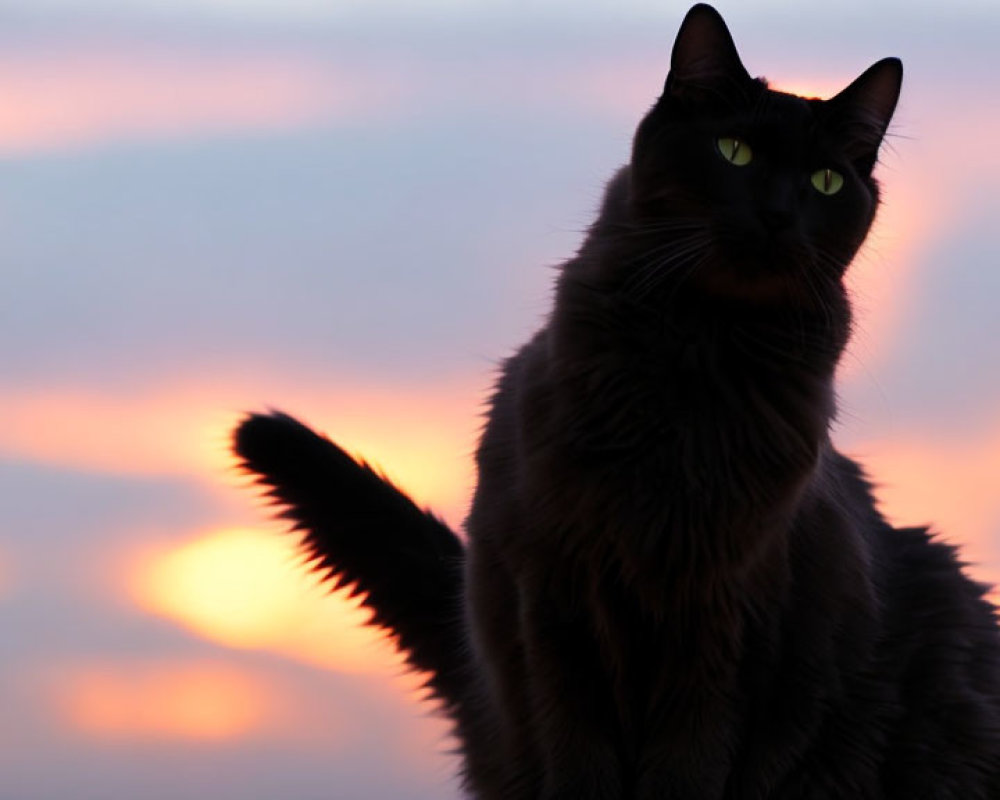 Silhouetted black cat against pink twilight sky with glowing yellow eyes