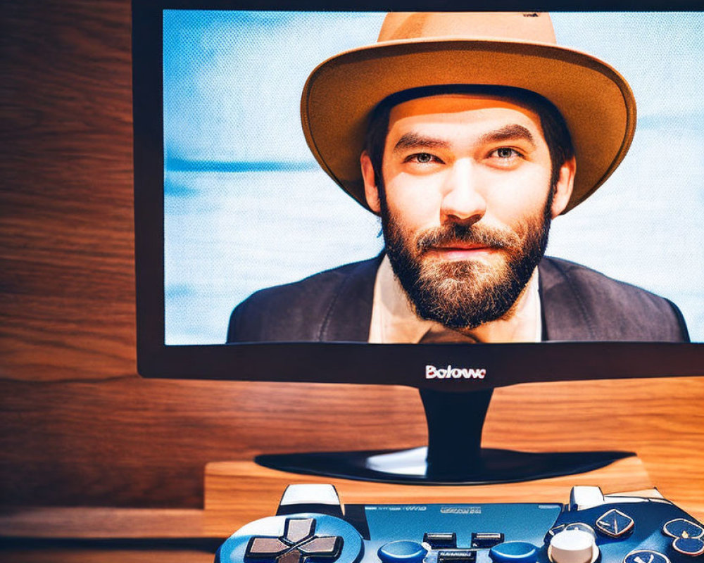 Portrait of smiling person with beard and hat on computer monitor with video game controller.