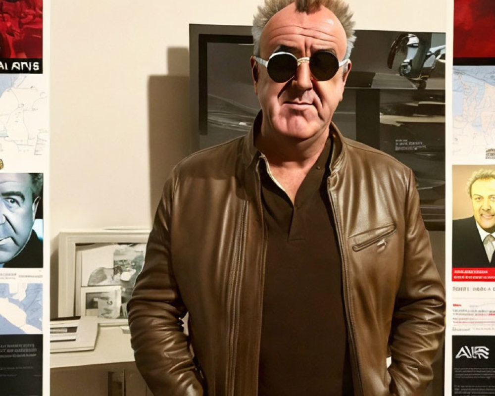 Man in Leather Jacket and Sunglasses with Exhibition Panels and Portraits.