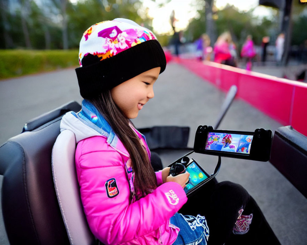 Young girl in colorful beanie plays handheld game outdoors