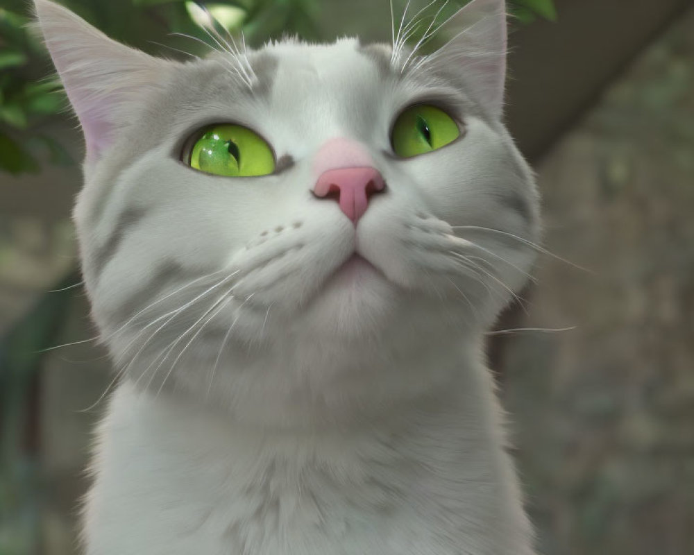 Grey and White Cat with Green Eyes and Pink Nose in Nature Scene