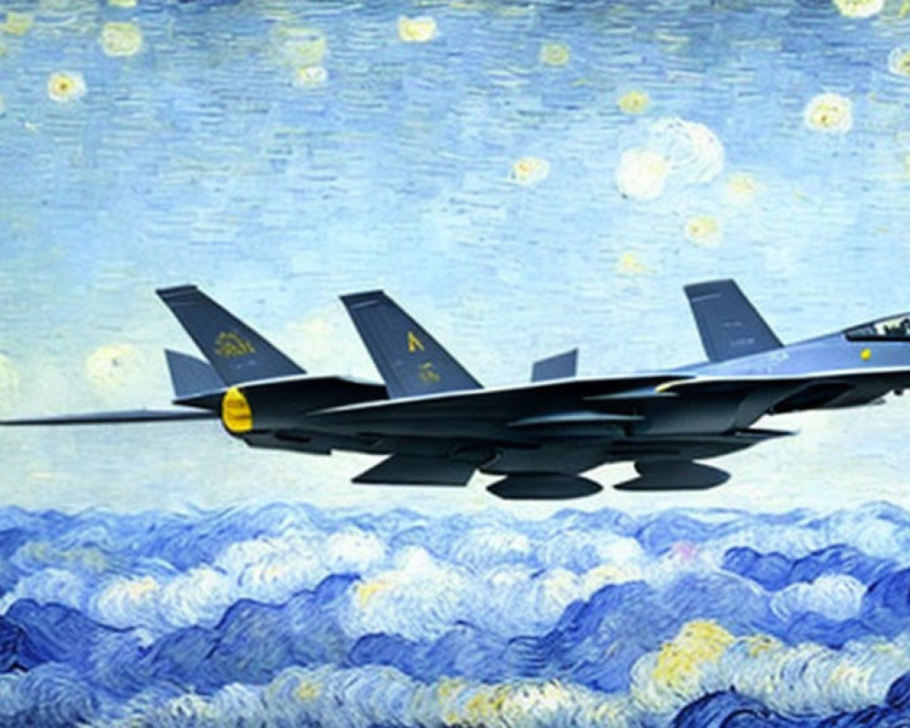 Fighter jet overlaid on "Starry Night" painting combines modern tech with classic art.