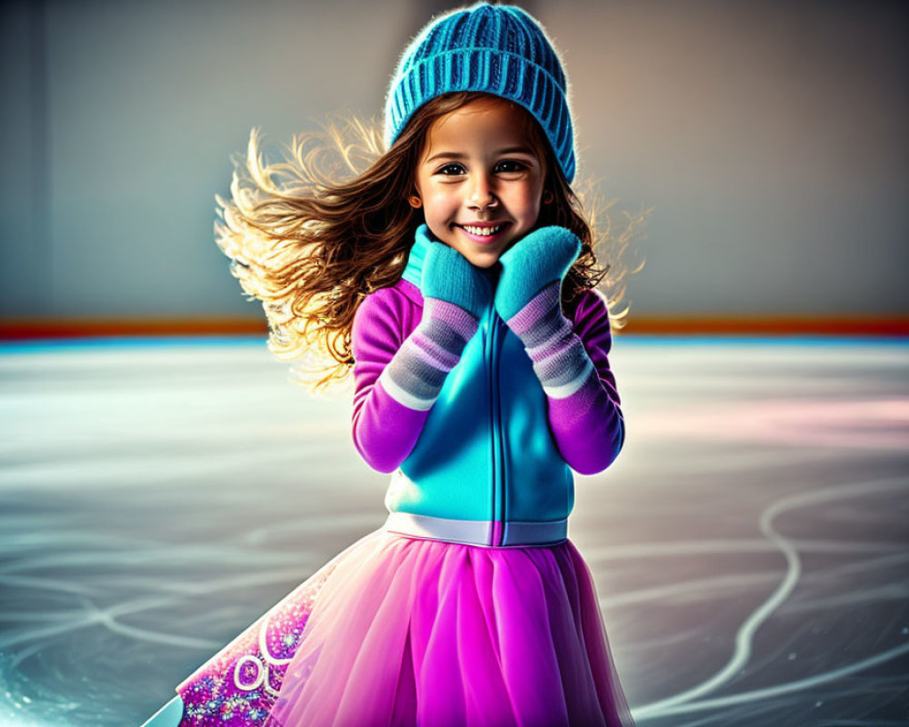Young girl ice skating in colorful winter attire