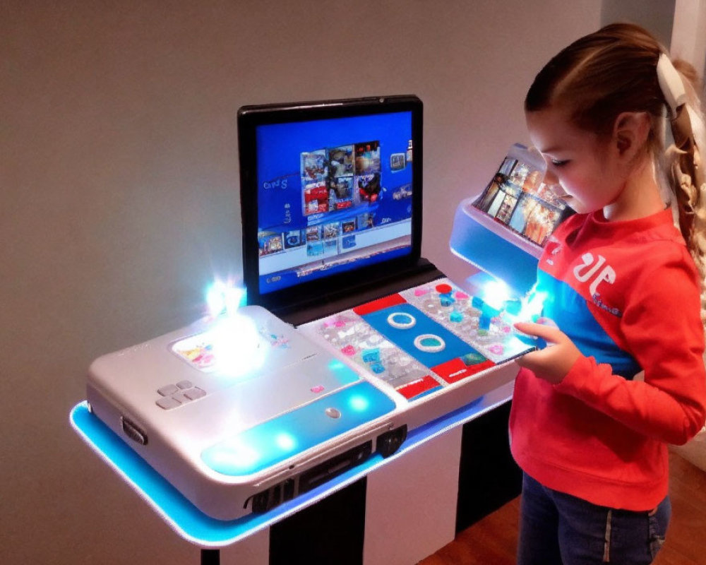 Young girl using large touch-screen educational console