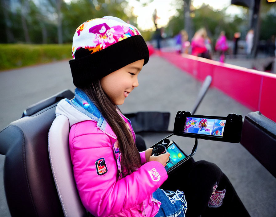 Young girl in colorful beanie plays handheld game outdoors