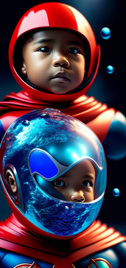 Digital artwork: Two infants in astronaut suits with Earth reflection, dark background, floating bubbles