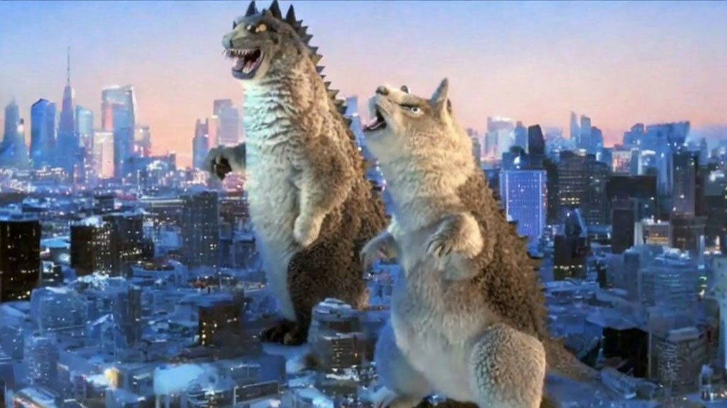 Animated wolves howling in snowy cityscape