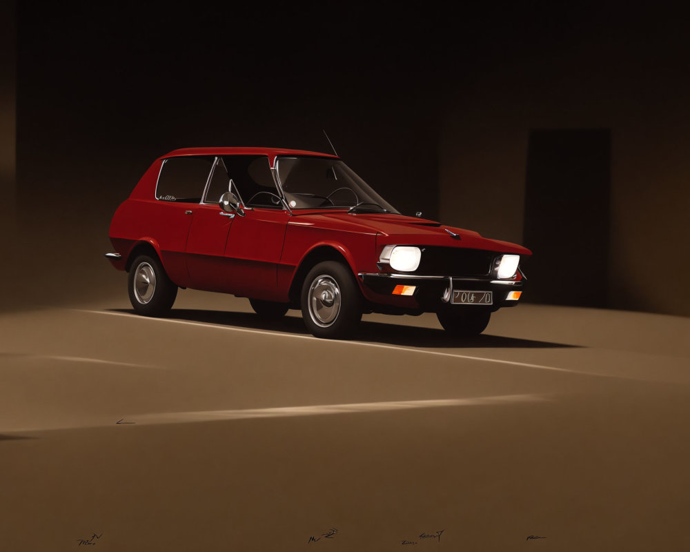 Classic Red Car with Pop-Up Headlights in Dimly Lit Studio