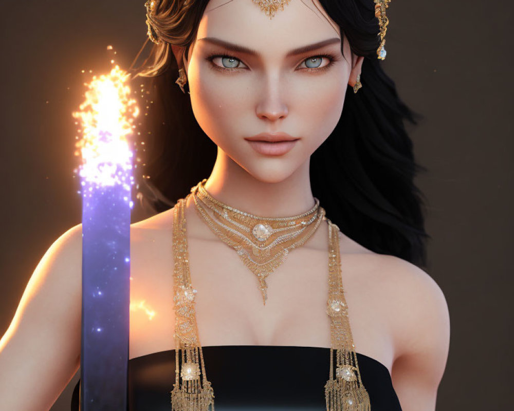 Digital artwork of woman with blue eyes holding glowing sword and wearing gold jewelry