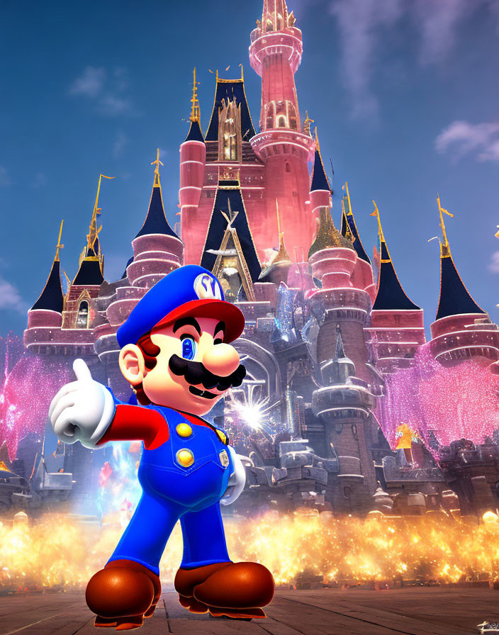 Famous video game character posing in front of Disney castle with fireworks