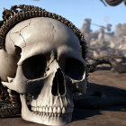 Digital artwork: Cracked skull with large horns in barren landscape