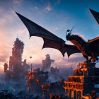Majestic dragon flying over ancient fantasy city at sunset