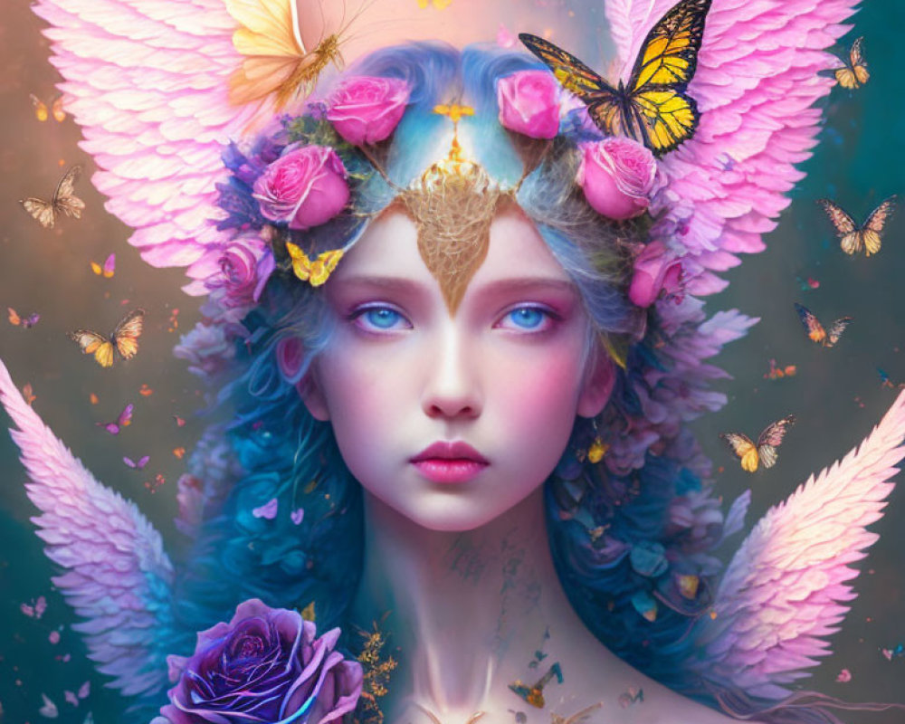 Fantastical portrait of a woman with blue hair and butterfly wings, surrounded by flowers and butterflies