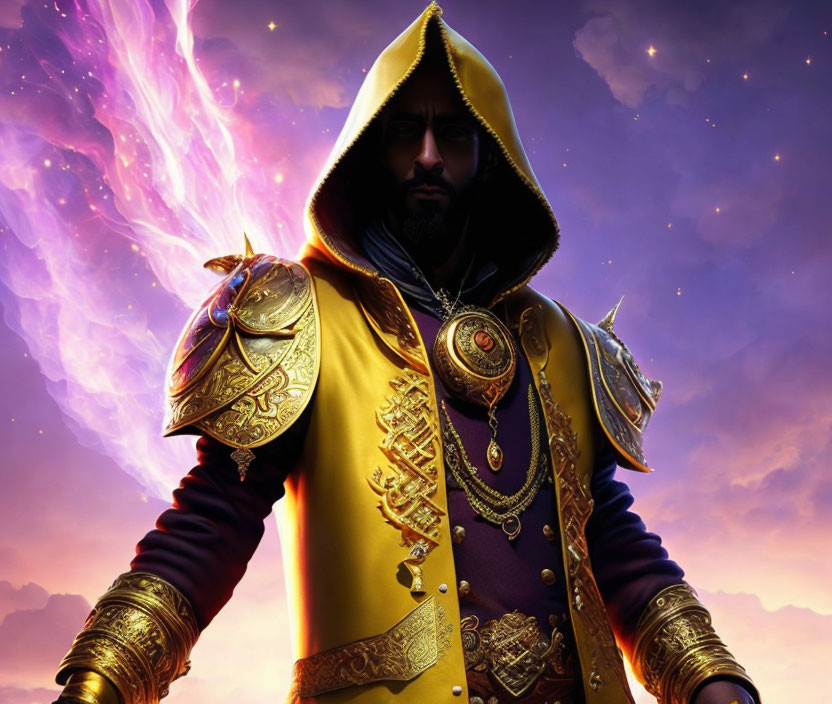 Regal figure in golden cloak with armored shoulders on mystical purple backdrop