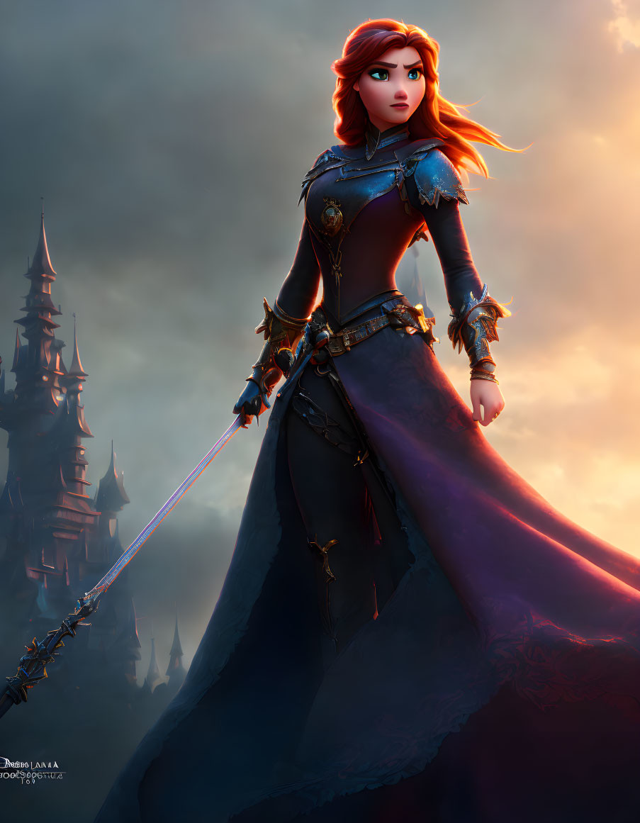 Digital artwork: Red-haired female warrior in medieval armor with sword in front of gloomy castle.