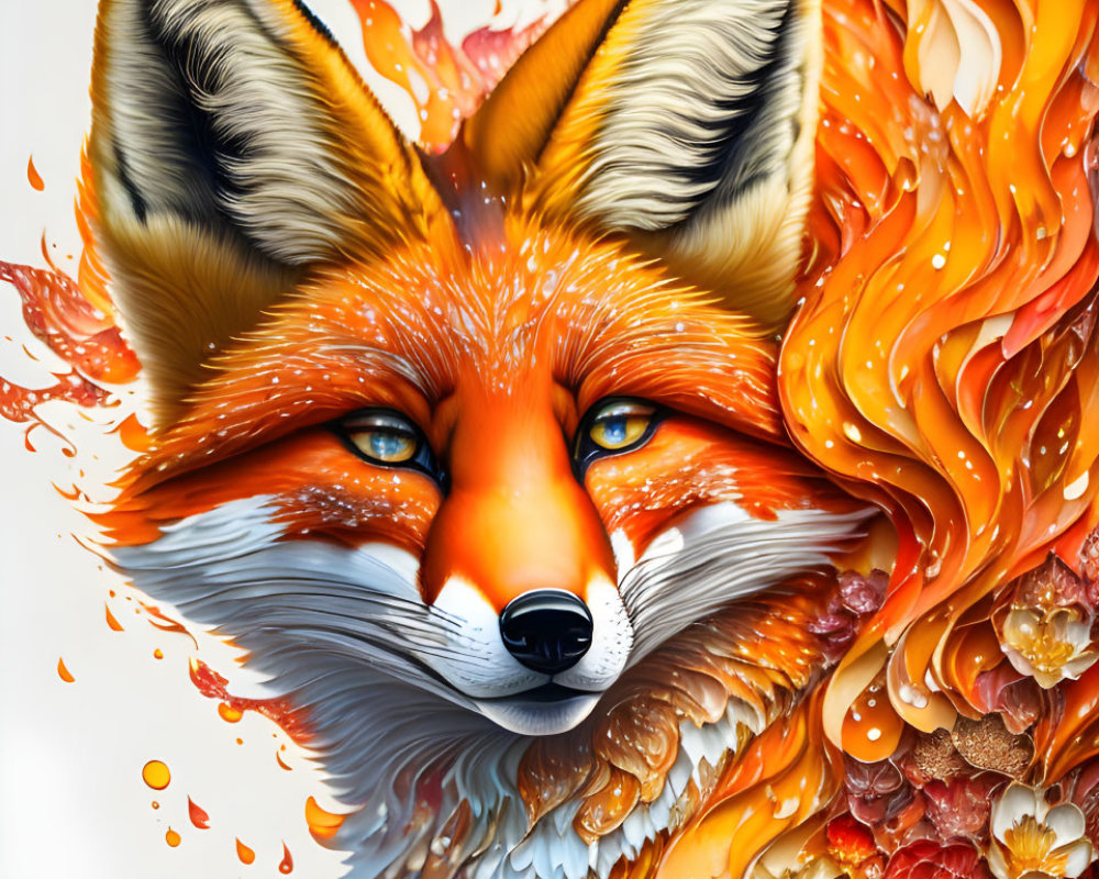 Vibrant fox illustration with fiery orange fur and floral flames on white background