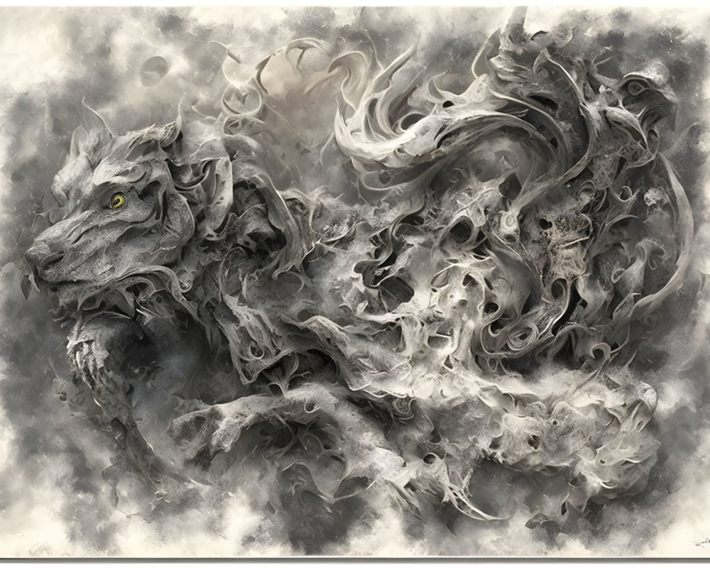 Fantastical dragon made of swirling smoke and mist with yellow eye on muted background
