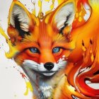 Vibrant fox illustration with fiery orange fur and floral flames on white background