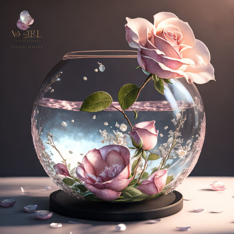 Round glass vase with water, bubbles, blooming roses, and scattered petals on dark base